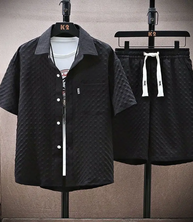 Ensemble d'été pour homme en deux pièces avec chemise à manches courtes en jacquard diamant et short
