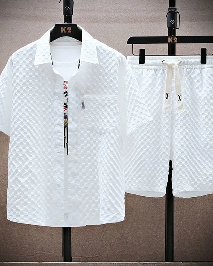 Ensemble d'été pour homme en deux pièces avec chemise à manches courtes en jacquard diamant et short