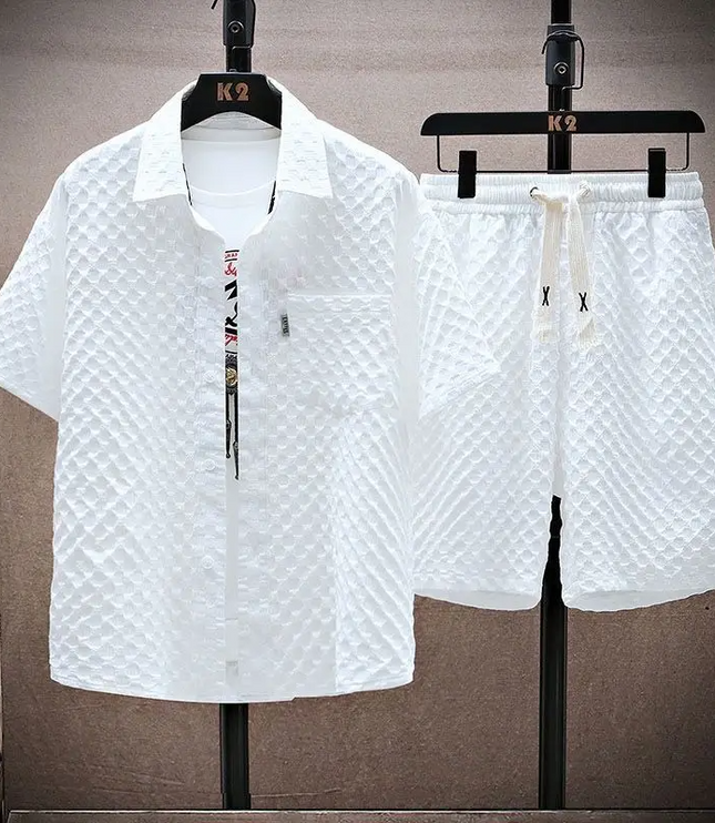 Ensemble d'été pour homme en deux pièces avec chemise à manches courtes en jacquard diamant et short