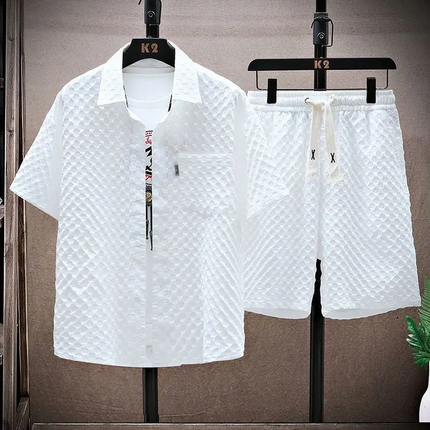 Ensemble d'été pour homme en deux pièces avec chemise à manches courtes en jacquard diamant et short