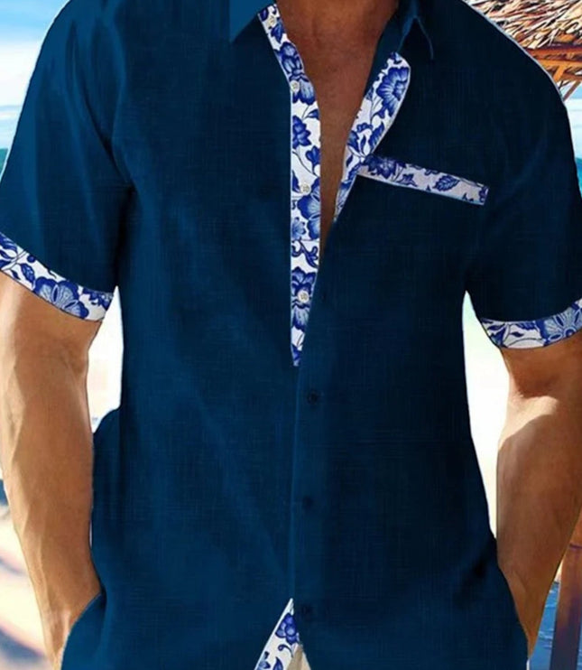 Camisa de hombre de verano de lino con ribete floral y manga corta con botones