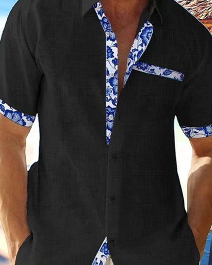 Camisa de hombre de verano de lino con ribete floral y manga corta con botones