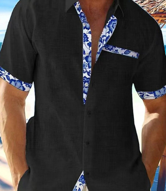 Camisa de hombre de verano de lino con ribete floral y manga corta con botones