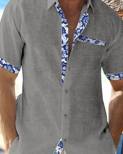 Camisa de hombre de verano de lino con ribete floral y manga corta con botones