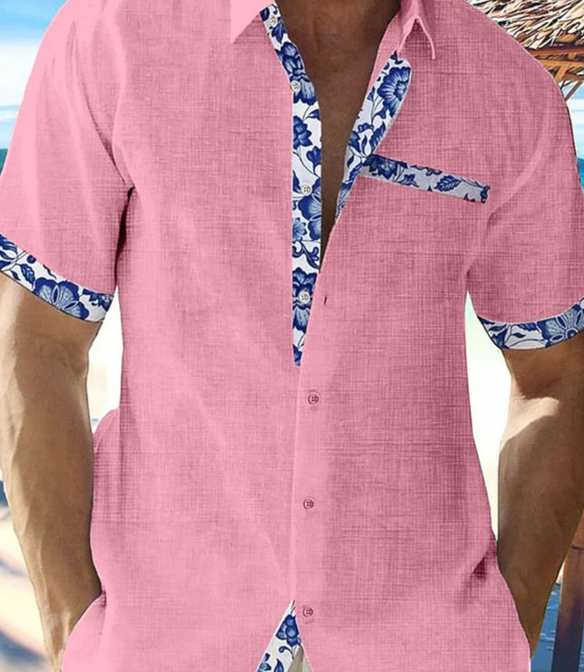 Camisa de hombre de verano de lino con ribete floral y manga corta con botones