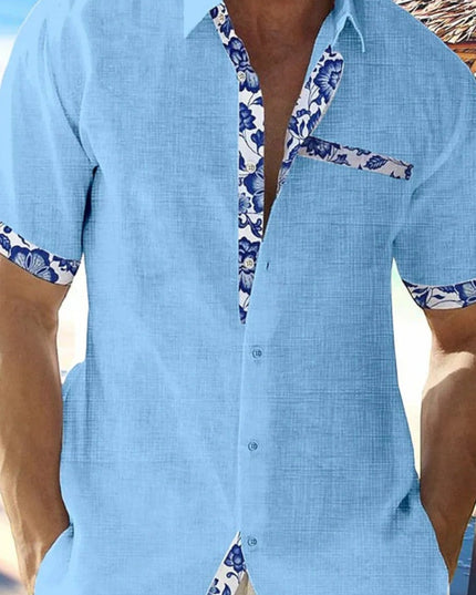 Camisa de hombre de verano de lino con ribete floral y manga corta con botones