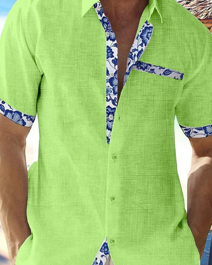 Camisa de hombre de verano de lino con ribete floral y manga corta con botones