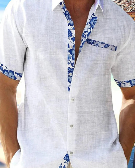 Camisa de hombre de verano de lino con ribete floral y manga corta con botones