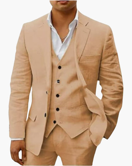 Beige tan three-piece formal suit featuring blazer, double-breasted vest, and trousers