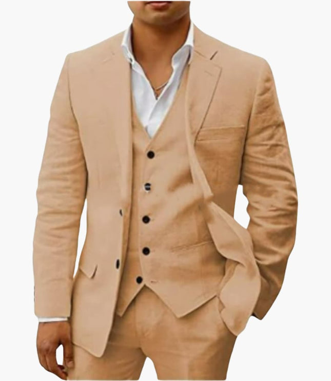 Beige tan three-piece formal suit featuring blazer, double-breasted vest, and trousers