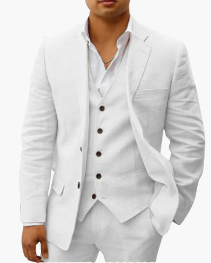 White three-piece formal suit with single-breasted blazer, vest, and dress trousers