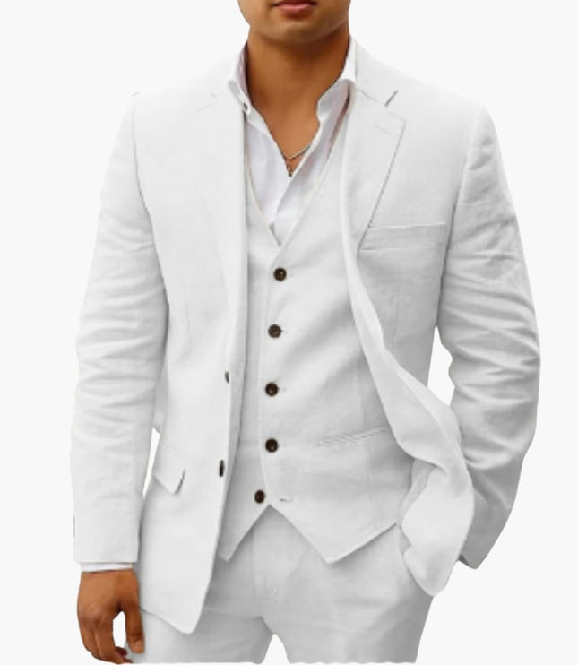 White three-piece formal suit with single-breasted blazer, vest, and dress trousers