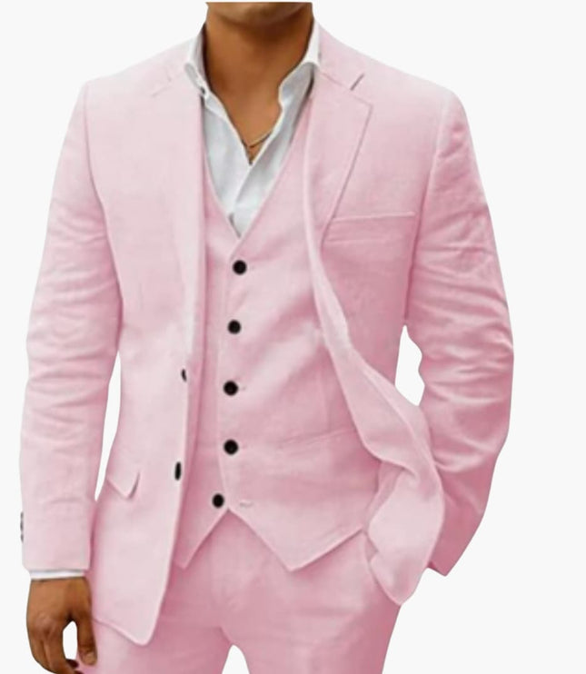 Pink three-piece formal suit with tailored blazer, buttoned vest, and matching pants