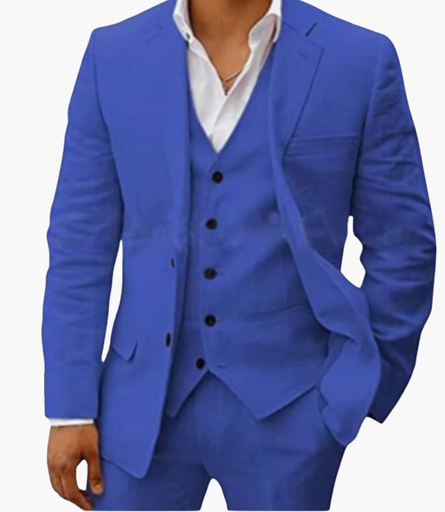 Royal blue three-piece formal suit with structured blazer, vest, and coordinated trousers