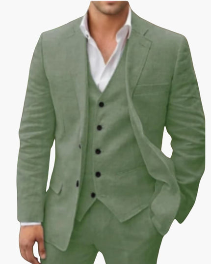 Sage green three-piece formal suit with notch lapel blazer, vest, and dress pants