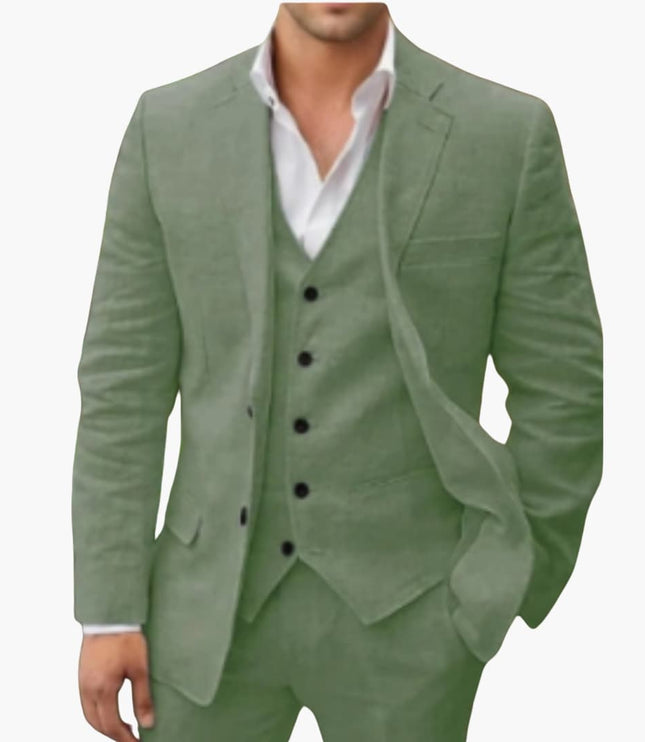 Sage green three-piece formal suit with notch lapel blazer, vest, and dress pants