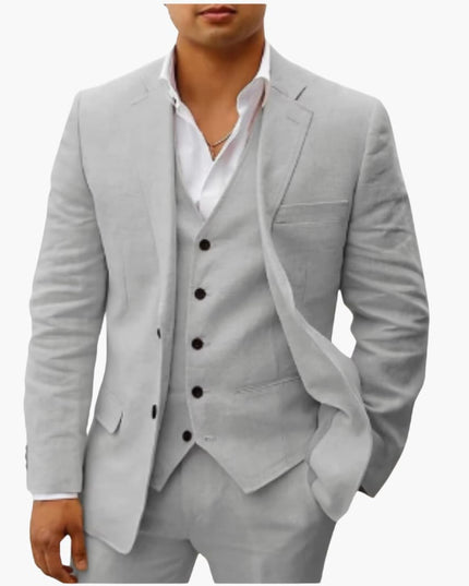 Light gray three-piece formal suit with single-breasted jacket, vest, and tailored trousers