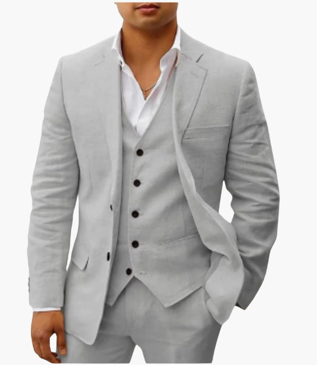 Light gray three-piece formal suit with single-breasted jacket, vest, and tailored trousers