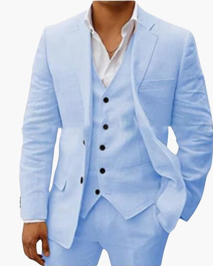 Light blue three-piece formal suit with blazer, vest, and matching trousers with black buttons