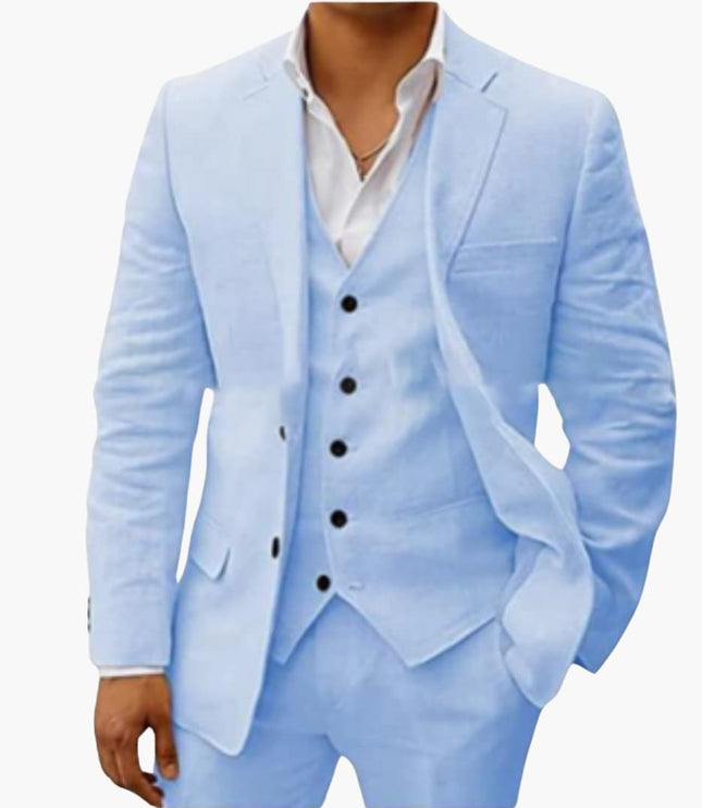 Light blue three-piece formal suit with blazer, vest, and matching trousers with black buttons