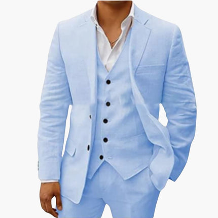 Light blue three-piece formal suit with blazer, vest, and matching trousers with black buttons