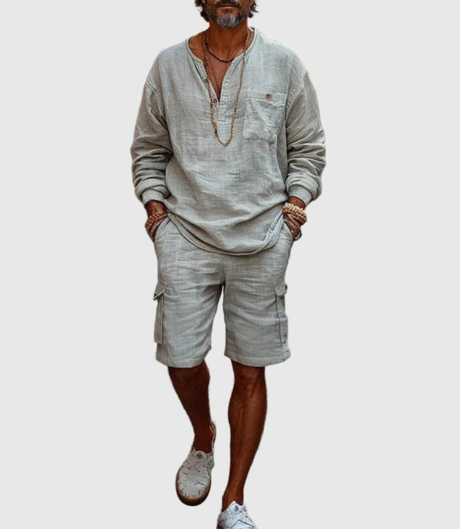 Ensemble lin gris Henley et shorts cargo pour homme, été