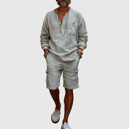 Ensemble lin gris Henley et shorts cargo pour homme, été
