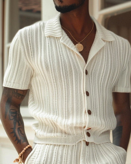 Ensemble chemise à boutons et shorts en maille ivoire pour homme, été