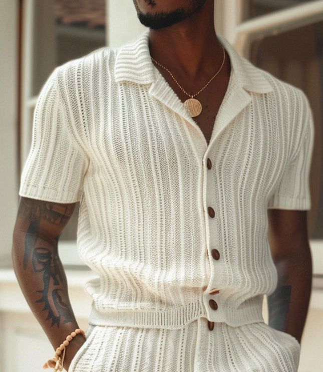 Ensemble chemise à boutons et shorts en maille ivoire pour homme, été
