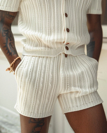Ensemble chemise à boutons et shorts en maille ivoire pour homme, été