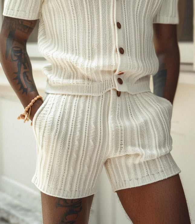 Ensemble chemise à boutons et shorts en maille ivoire pour homme, été