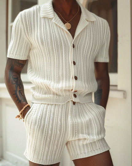 Ensemble chemise à boutons et shorts en maille ivoire pour homme, été