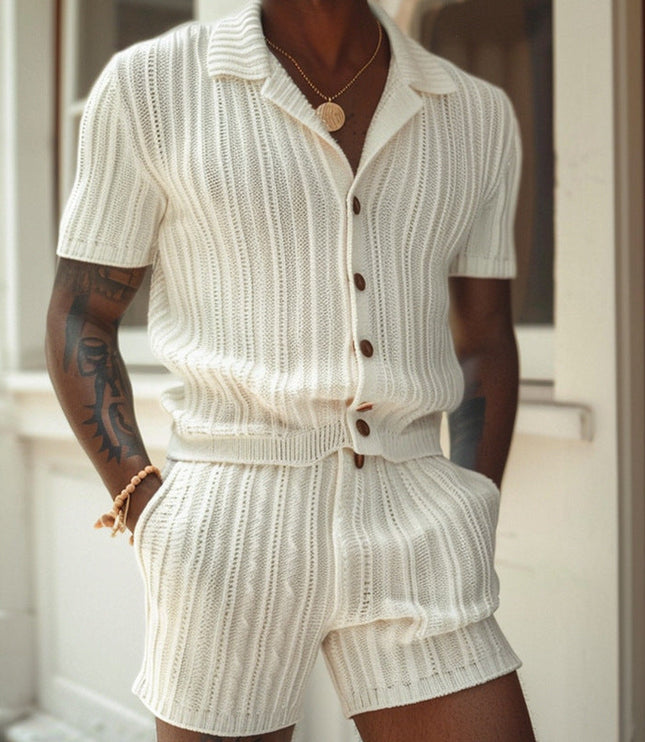 Ensemble chemise à boutons et shorts en maille ivoire pour homme, été