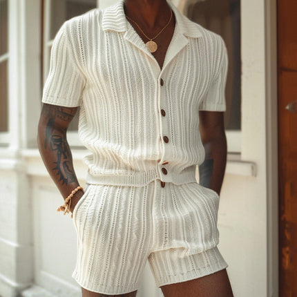 Ensemble chemise à boutons et shorts en maille ivoire pour homme, été