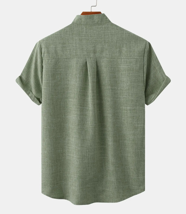 Chemise en lin à col mao manches courtes pour homme, plage décontractée été