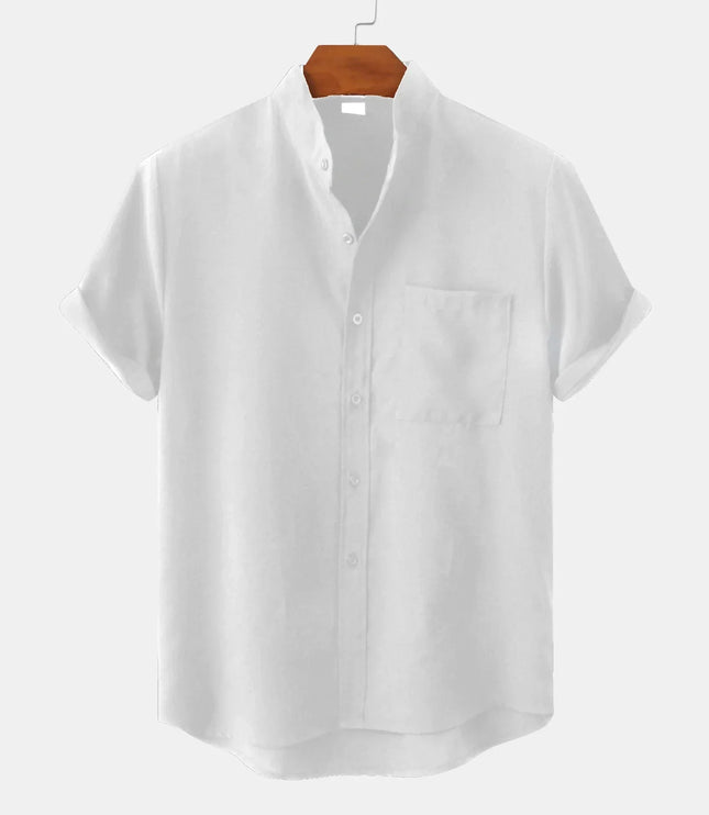 Chemise en lin à col mao manches courtes pour homme, plage décontractée été