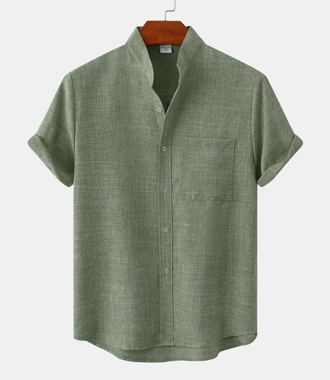 Chemise en lin à col mao manches courtes pour homme, plage décontractée été