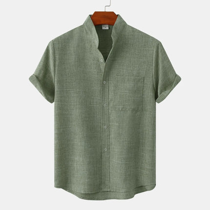 Chemise en lin à col mao manches courtes pour homme, plage décontractée été