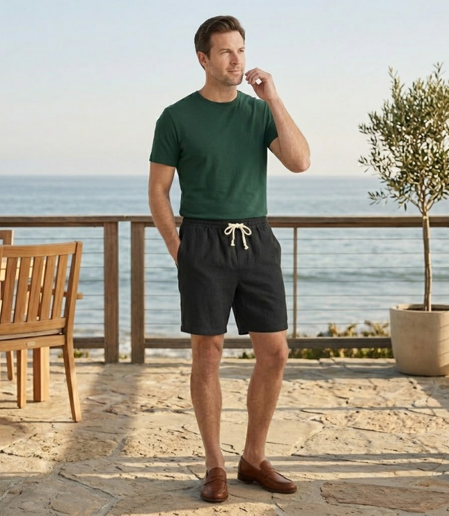 Shorts de plage en lin d'été pour homme avec cordon de serrage, légers
