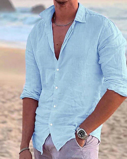 Chemise d'été en lin pour homme à manches longues avec boutons