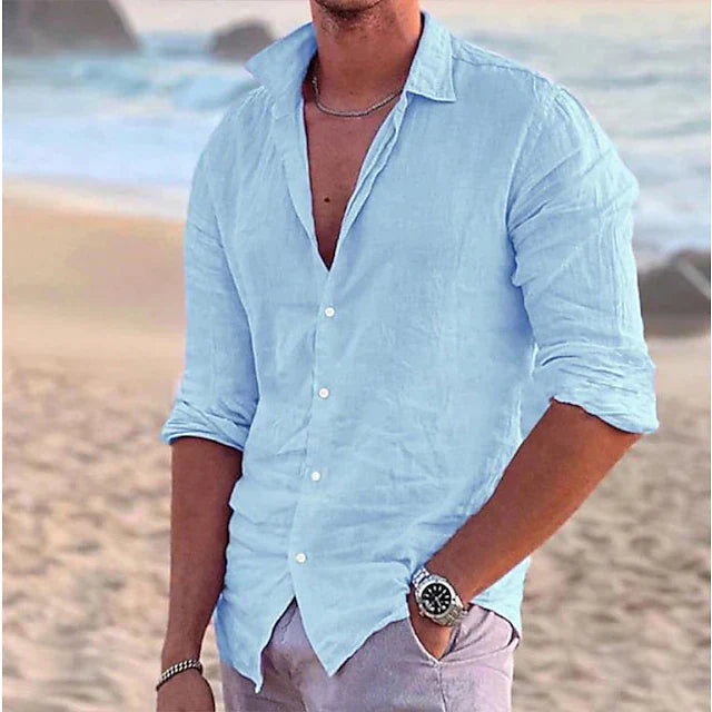 Chemise d'été en lin pour homme à manches longues avec boutons