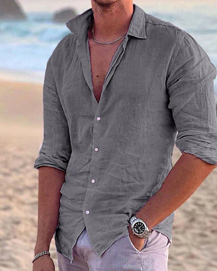 Chemise d'été en lin pour homme à manches longues avec boutons