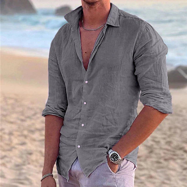 Chemise d'été en lin pour homme à manches longues avec boutons