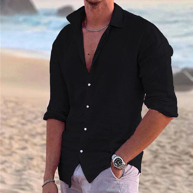 Chemise d'été en lin pour homme à manches longues avec boutons