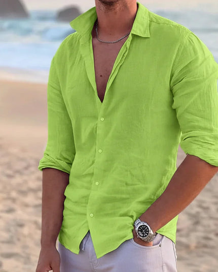 Chemise d'été en lin pour homme à manches longues avec boutons