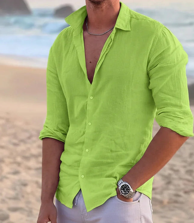 Chemise d'été en lin pour homme à manches longues avec boutons