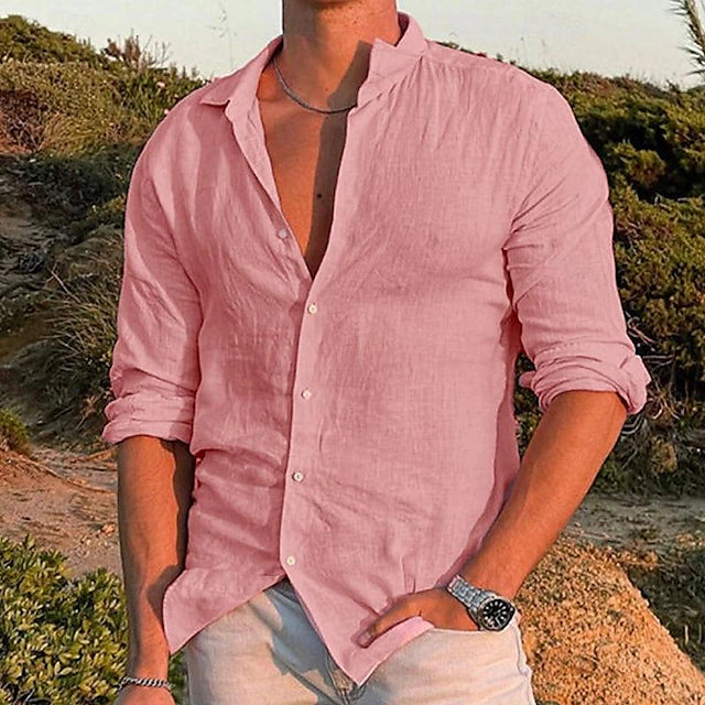 Chemise d'été en lin pour homme à manches longues avec boutons