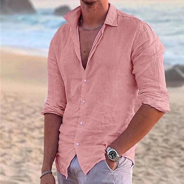 Chemise d'été en lin pour homme à manches longues avec boutons