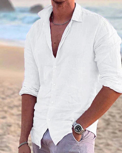 Chemise d'été en lin pour homme à manches longues avec boutons