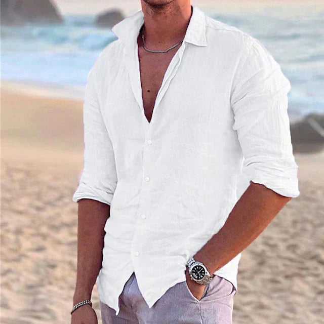 Chemise d'été en lin pour homme à manches longues avec boutons